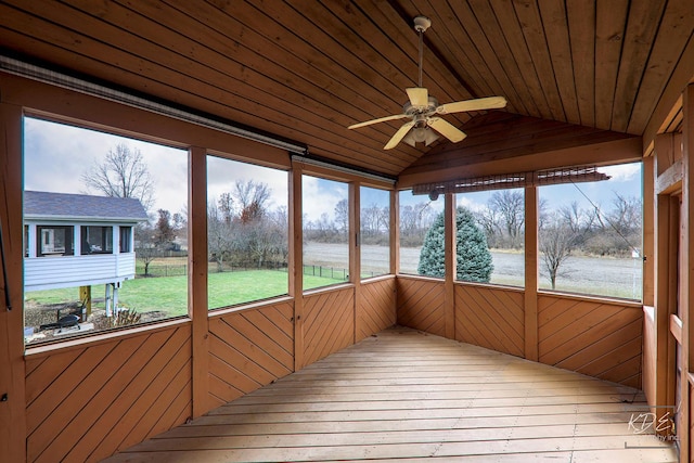 unfurnished sunroom with ceiling fan, a water view, wood ceiling, and vaulted ceiling