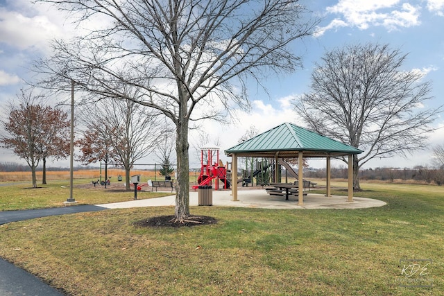 view of home's community featuring a gazebo, a playground, and a yard