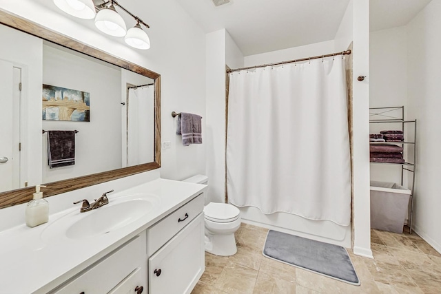 full bathroom with toilet, shower / tub combo with curtain, and vanity