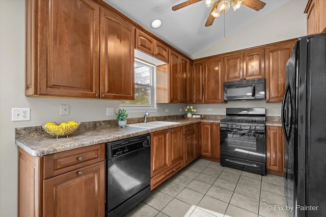 1154 Dovercliff Way, Crystal Lake, IL 60014 - kitchen featuring black appliances, light tile patterned flooring, a ceiling fan, vaulted ceiling, and brown cabinetry