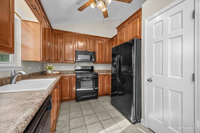 1154 Dovercliff Way, Crystal Lake, IL 60014 - kitchen with black appliances, vaulted ceiling, ceiling fan, light tile patterned flooring, and brown cabinets