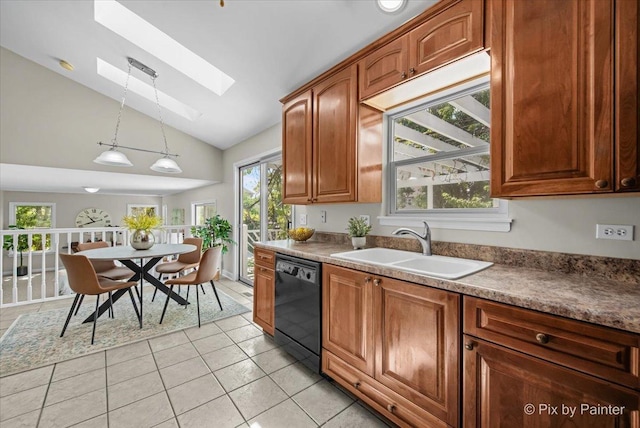 1154 Dovercliff Way, Crystal Lake, IL 60014 - kitchen featuring dishwasher, a skylight, lofted ceiling, hanging light fixtures, and light tile patterned flooring