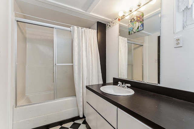 bathroom with shower / bath combination with curtain and vanity