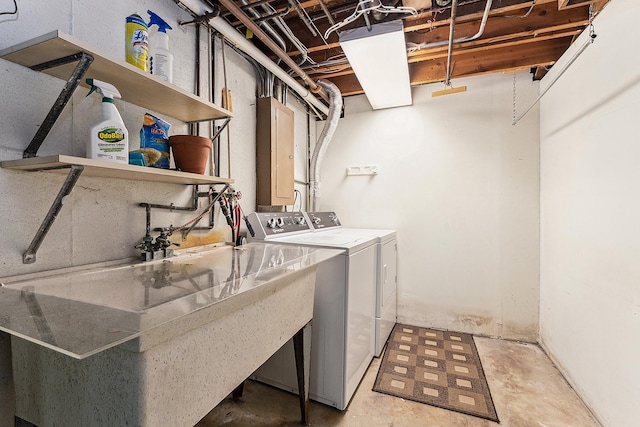 washroom with independent washer and dryer and electric panel