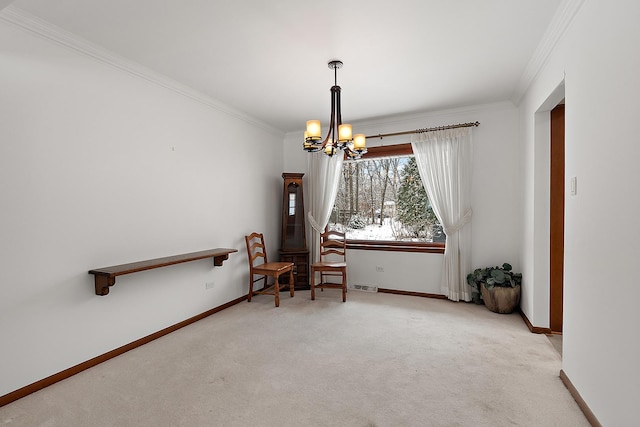 interior space with light colored carpet, ornamental molding, and an inviting chandelier