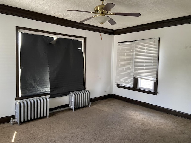 interior space featuring dark colored carpet, radiator heating unit, ornamental molding, and a textured ceiling