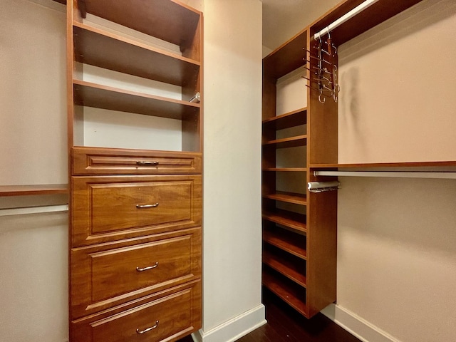 walk in closet with dark wood-type flooring