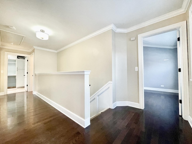 hallway featuring dark hardwood / wood-style floors and ornamental molding