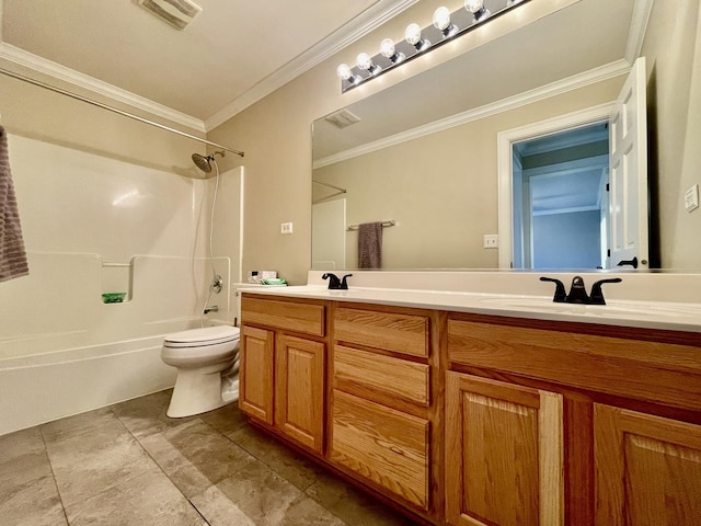 full bathroom featuring vanity, tub / shower combination, toilet, and crown molding