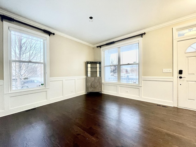 foyer with ornamental molding, dark hardwood / wood-style flooring, and a healthy amount of sunlight