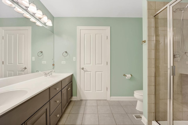 bathroom with tile patterned floors, a shower with door, vanity, and toilet