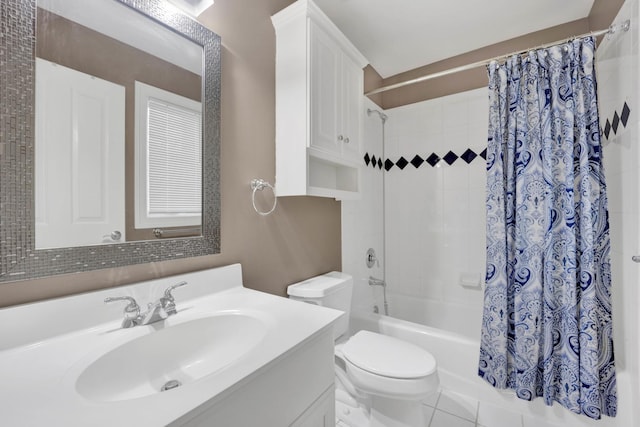 full bathroom with tile patterned floors, vanity, toilet, and shower / tub combo with curtain