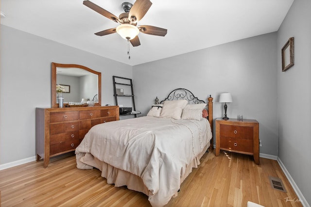 bedroom featuring ceiling fan and light hardwood / wood-style flooring