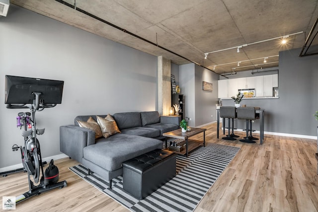 living room with light hardwood / wood-style floors and track lighting