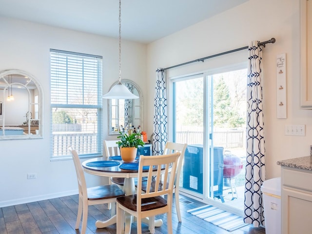 dining area with plenty of natural light and dark hardwood / wood-style floors