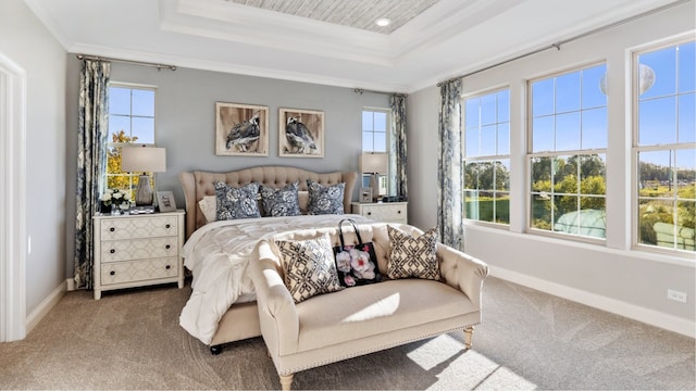 carpeted bedroom with a tray ceiling and ornamental molding