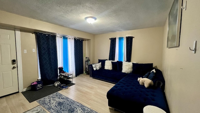 living room with a textured ceiling and light wood-type flooring