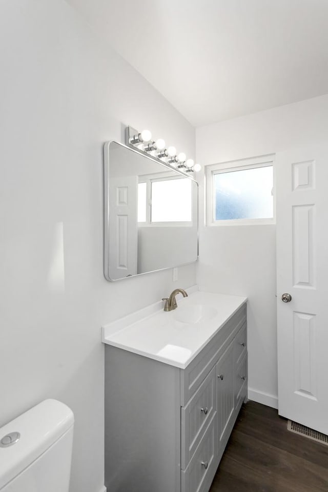 bathroom with vanity, toilet, and wood-type flooring