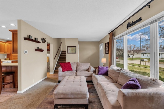 living room with tile patterned flooring