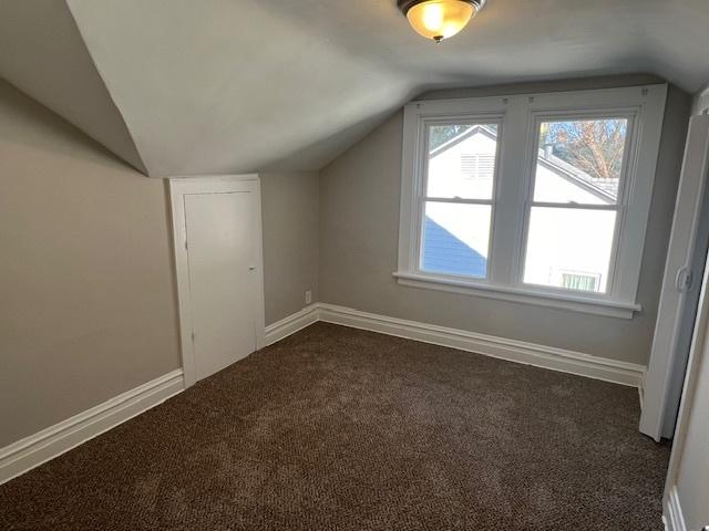 additional living space featuring dark carpet and lofted ceiling