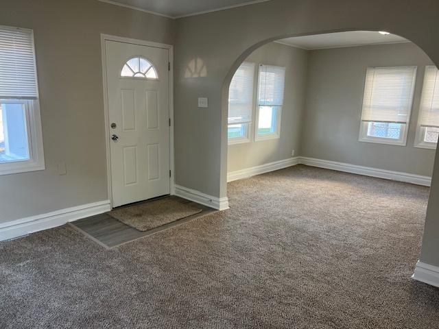 carpeted entrance foyer with ornamental molding