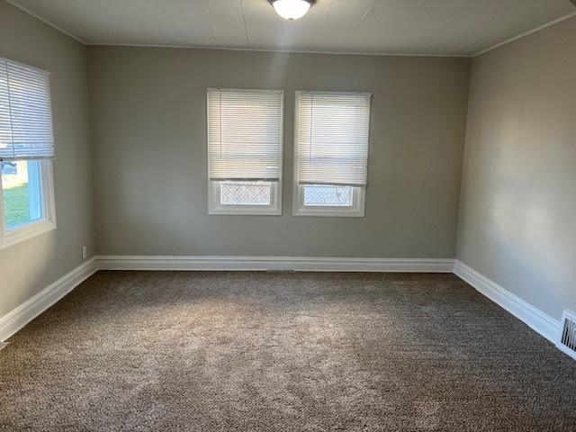 carpeted empty room featuring crown molding