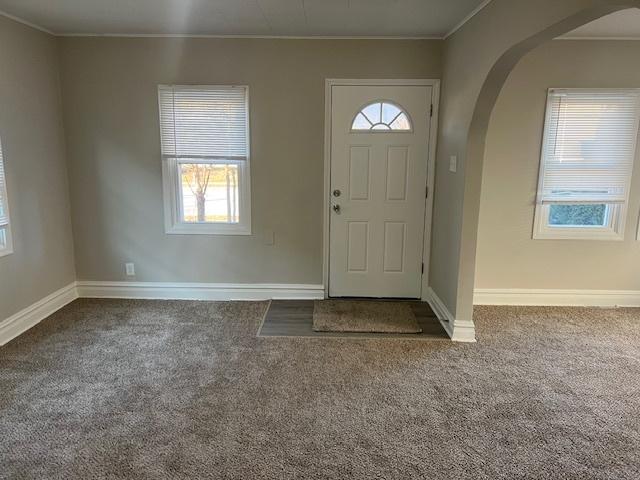 foyer entrance with dark colored carpet, plenty of natural light, and ornamental molding