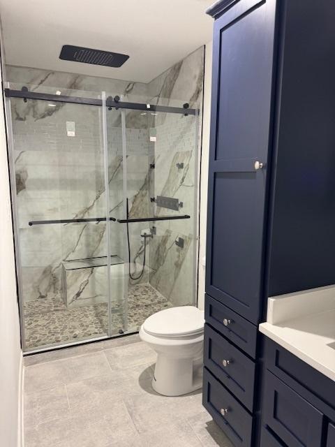 bathroom with vanity, toilet, and a shower with shower door