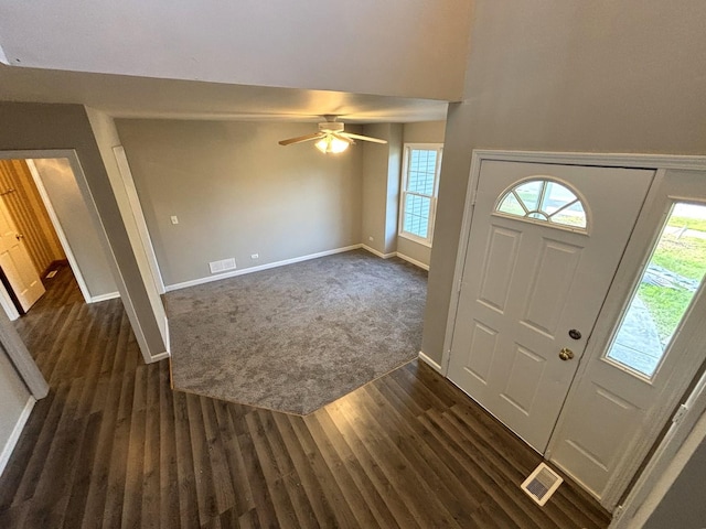 foyer featuring ceiling fan, plenty of natural light, and dark hardwood / wood-style floors