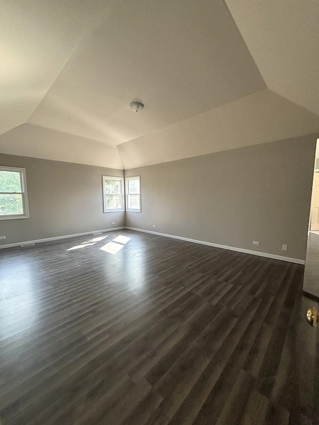 additional living space with lofted ceiling, a healthy amount of sunlight, and dark hardwood / wood-style floors