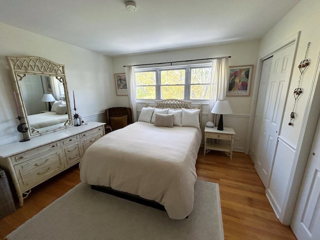 bedroom with wood-type flooring and a closet