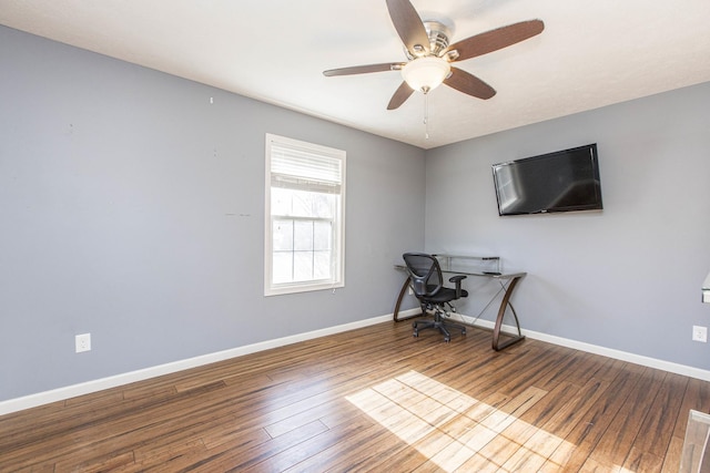 office space featuring hardwood / wood-style floors and ceiling fan