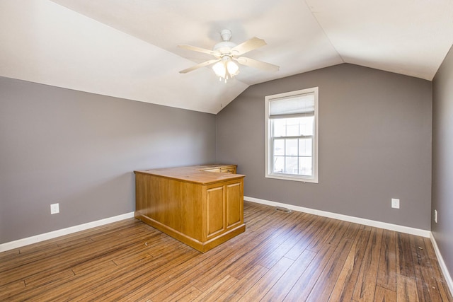 bonus room featuring ceiling fan, wood-type flooring, and lofted ceiling