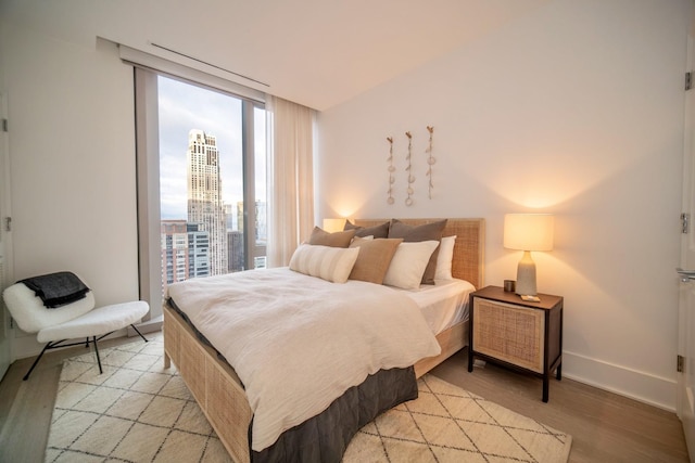 bedroom with a wall of windows and light wood-type flooring