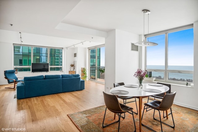 dining area featuring light hardwood / wood-style floors, a water view, rail lighting, and a wealth of natural light