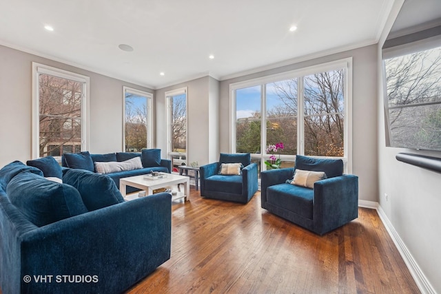 living room with hardwood / wood-style flooring and crown molding