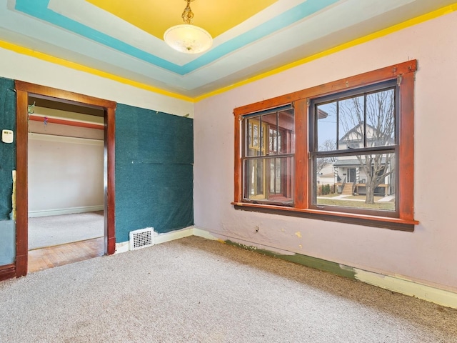 unfurnished bedroom featuring carpet, a raised ceiling, and a closet