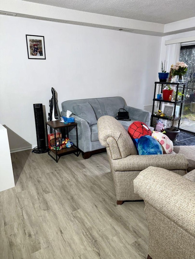 living room with a textured ceiling and light wood-type flooring