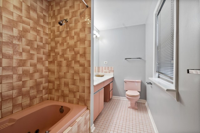 full bath featuring a shower, toilet, vanity, tile patterned flooring, and a whirlpool tub