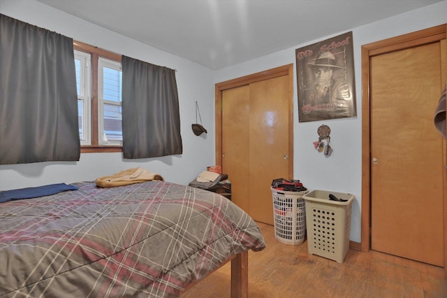 bedroom featuring wood-type flooring and a closet