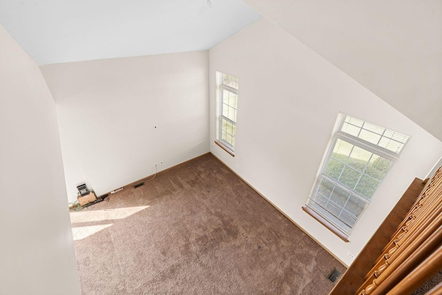 interior space with vaulted ceiling and dark colored carpet