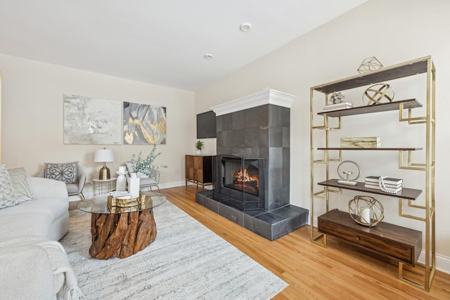 living room featuring hardwood / wood-style floors and a tile fireplace