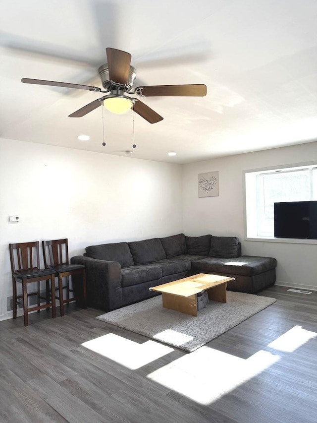 living room with a ceiling fan and wood finished floors