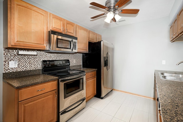 kitchen featuring backsplash, ceiling fan, sink, and stainless steel appliances