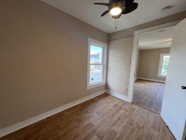 spare room featuring a wealth of natural light, ceiling fan, and light wood-type flooring