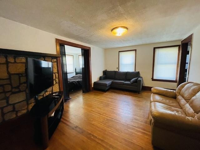 living room featuring a textured ceiling and hardwood / wood-style flooring