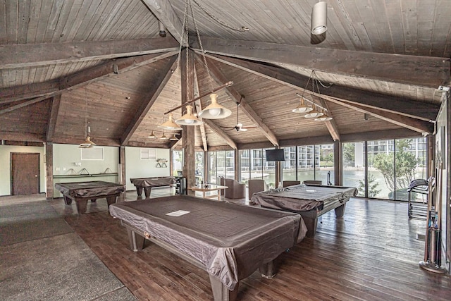 rec room with wood-type flooring, vaulted ceiling with beams, and wood ceiling