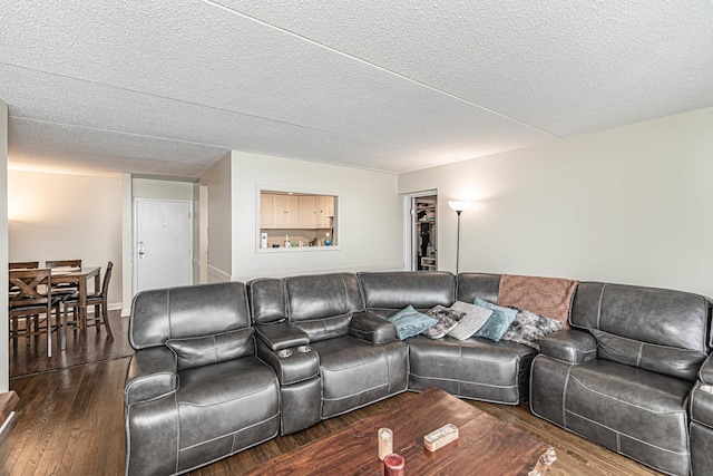 living room featuring dark hardwood / wood-style flooring and a textured ceiling