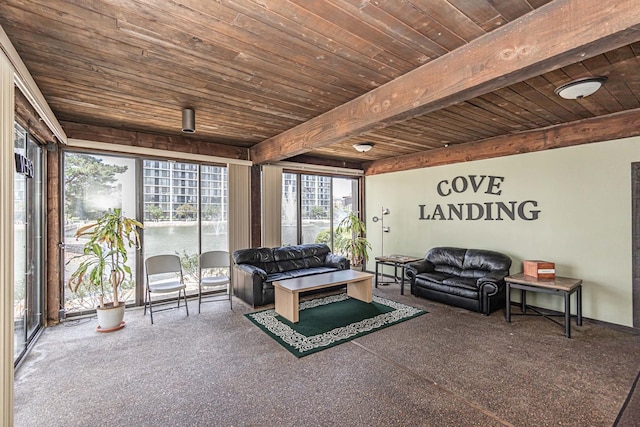 living room featuring carpet floors, a water view, beamed ceiling, and wooden ceiling