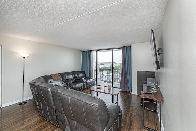 living room with dark hardwood / wood-style flooring and a textured ceiling